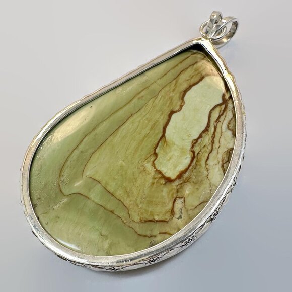 Jasper Pendant, Massive, Moss Green, Rusty Browns, Sterling Silver, Statement - Picture 5 of 5